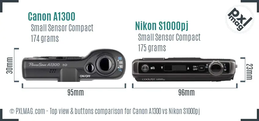 Canon A1300 vs Nikon S1000pj top view buttons comparison