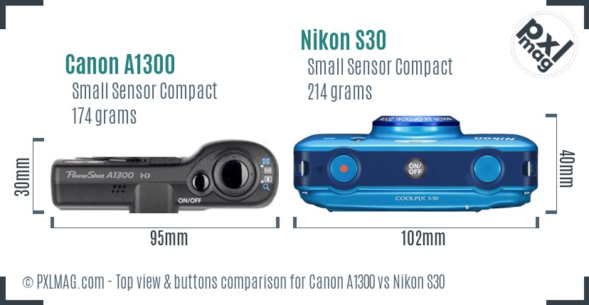 Canon A1300 vs Nikon S30 top view buttons comparison