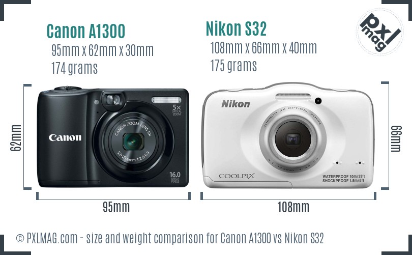 Canon A1300 vs Nikon S32 size comparison