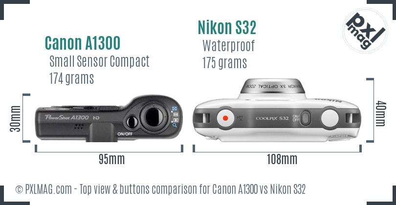 Canon A1300 vs Nikon S32 top view buttons comparison