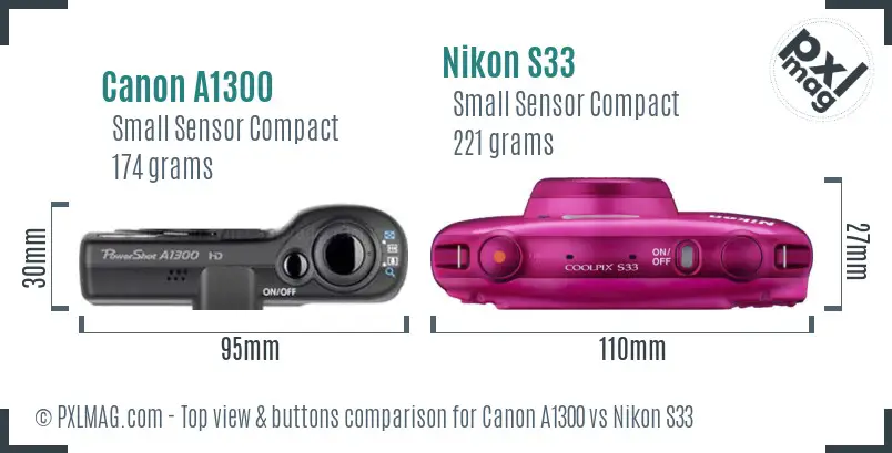 Canon A1300 vs Nikon S33 top view buttons comparison