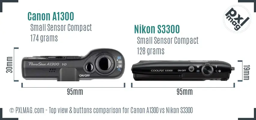 Canon A1300 vs Nikon S3300 top view buttons comparison