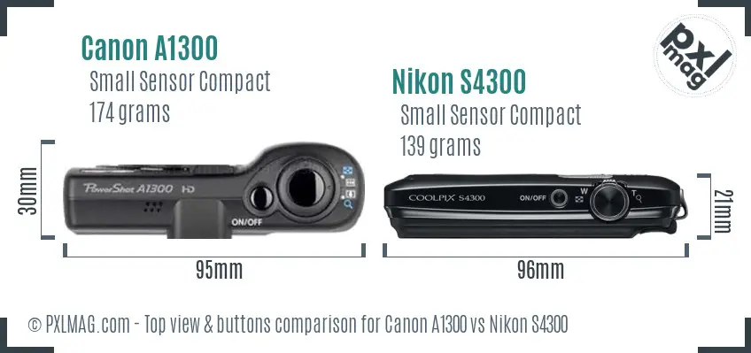 Canon A1300 vs Nikon S4300 top view buttons comparison