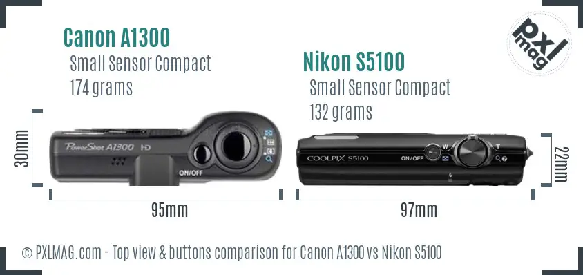 Canon A1300 vs Nikon S5100 top view buttons comparison