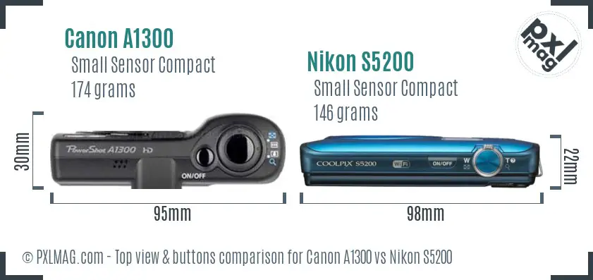 Canon A1300 vs Nikon S5200 top view buttons comparison