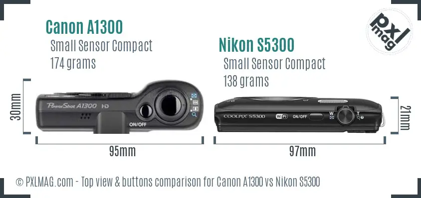 Canon A1300 vs Nikon S5300 top view buttons comparison