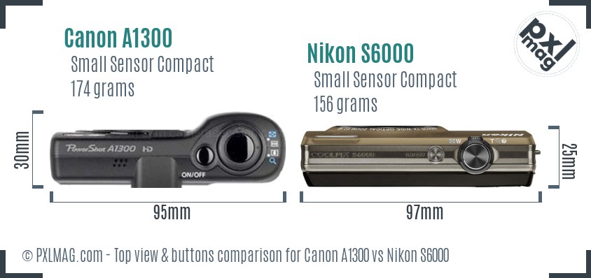 Canon A1300 vs Nikon S6000 top view buttons comparison