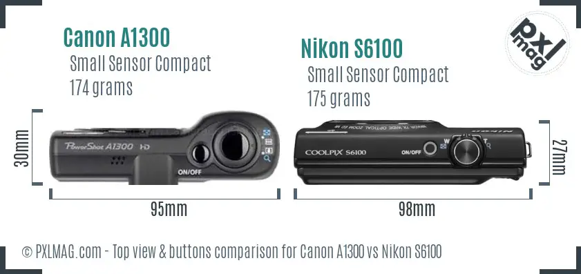 Canon A1300 vs Nikon S6100 top view buttons comparison