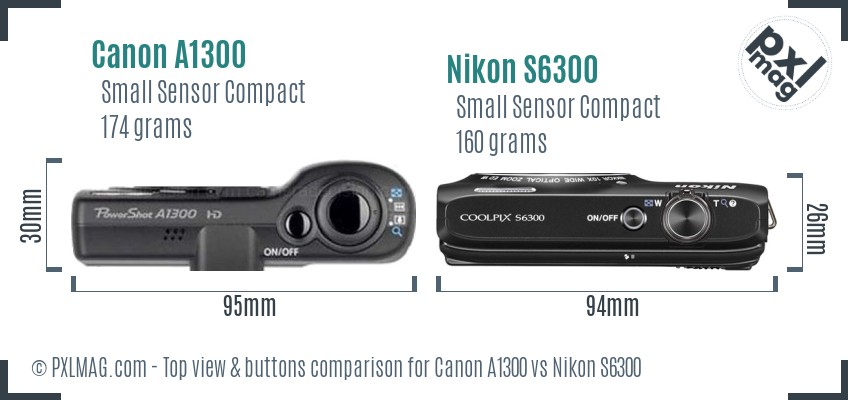 Canon A1300 vs Nikon S6300 top view buttons comparison