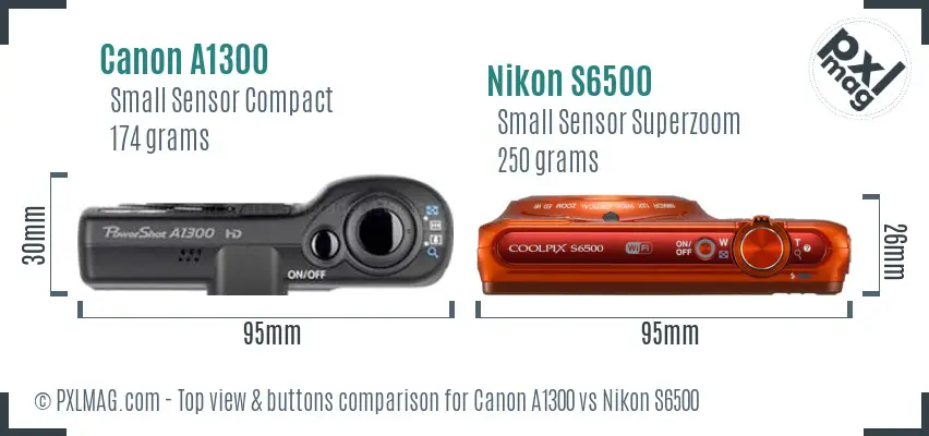 Canon A1300 vs Nikon S6500 top view buttons comparison Canon A1300 vs Nikon S6500 top view buttons comparison