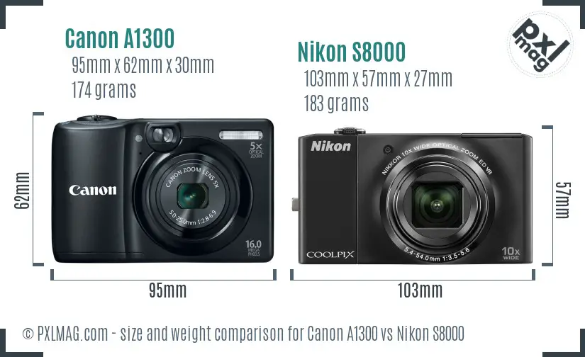 Canon A1300 vs Nikon S8000 size comparison