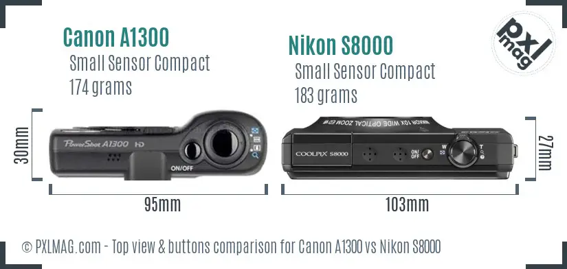 Canon A1300 vs Nikon S8000 top view buttons comparison