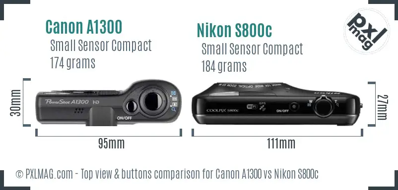 Canon A1300 vs Nikon S800c top view buttons comparison