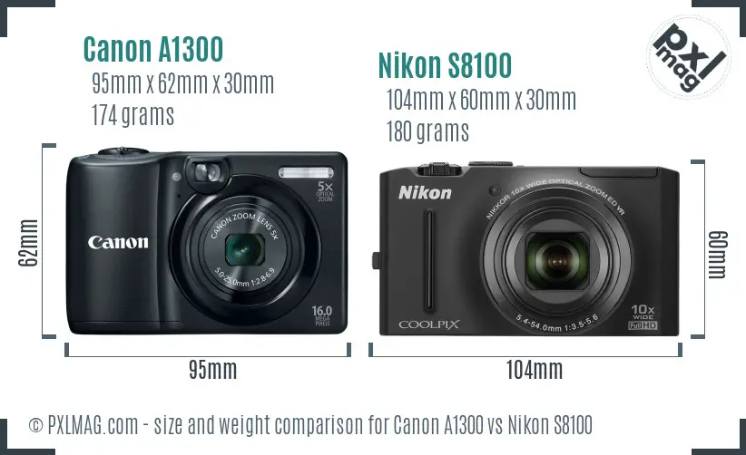 Canon A1300 vs Nikon S8100 size comparison