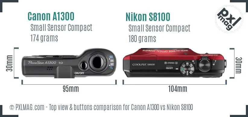 Canon A1300 vs Nikon S8100 top view buttons comparison