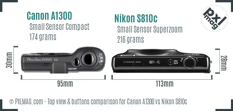 Canon A1300 vs Nikon S810c top view buttons comparison