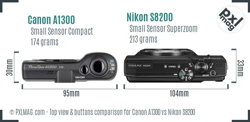 Canon A1300 vs Nikon S8200 top view buttons comparison