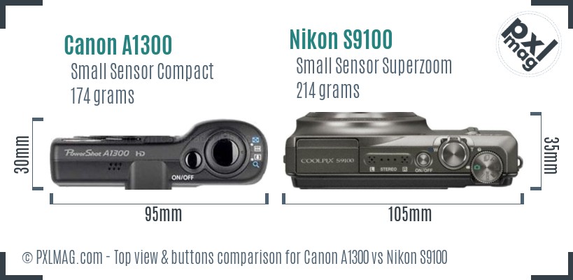 Canon A1300 vs Nikon S9100 top view buttons comparison