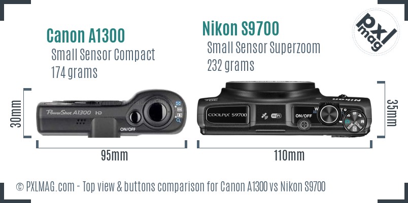 Canon A1300 vs Nikon S9700 top view buttons comparison