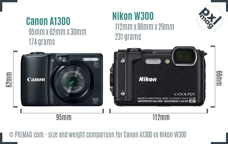 Canon A1300 vs Nikon W300 size comparison