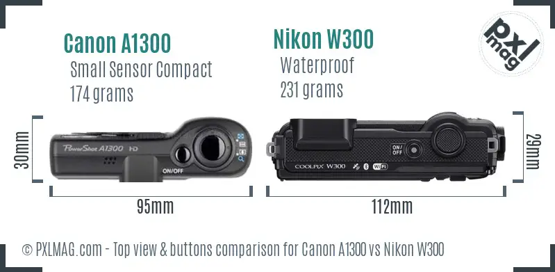 Canon A1300 vs Nikon W300 top view buttons comparison