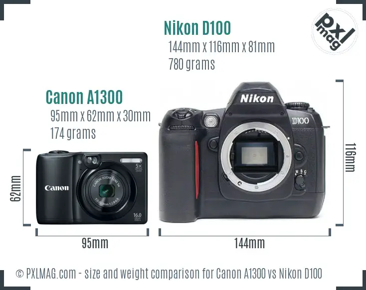 Canon A1300 vs Nikon D100 size comparison