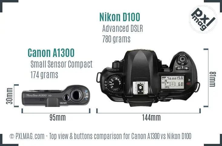 Canon A1300 vs Nikon D100 top view buttons comparison