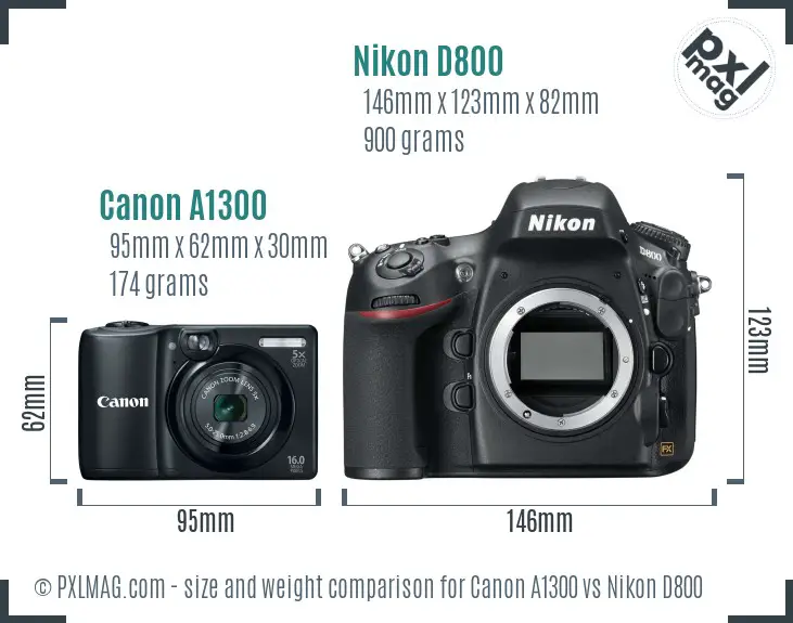 Canon A1300 vs Nikon D800 size comparison