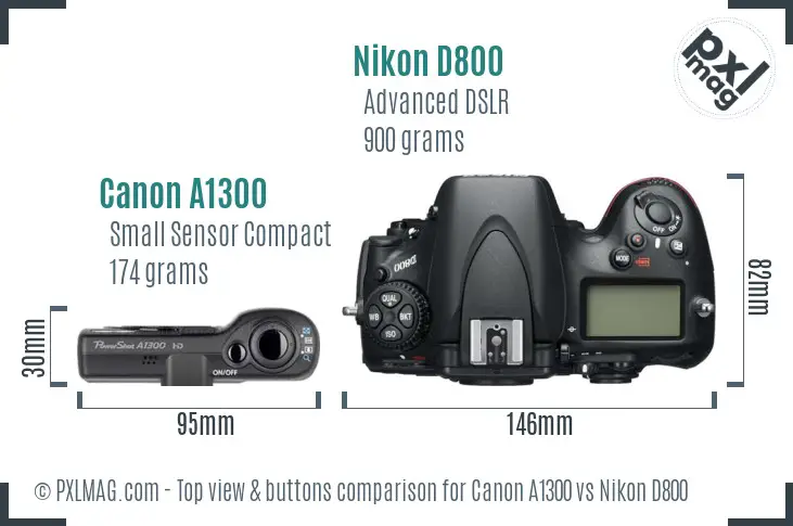 Canon A1300 vs Nikon D800 top view buttons comparison