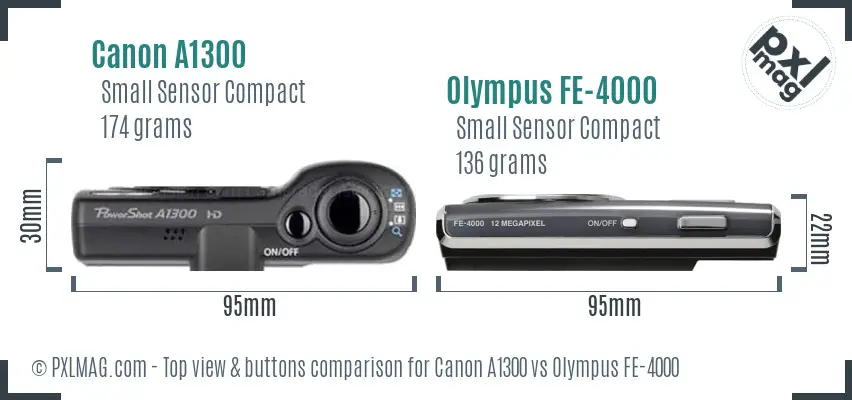 Canon A1300 vs Olympus FE-4000 top view buttons comparison