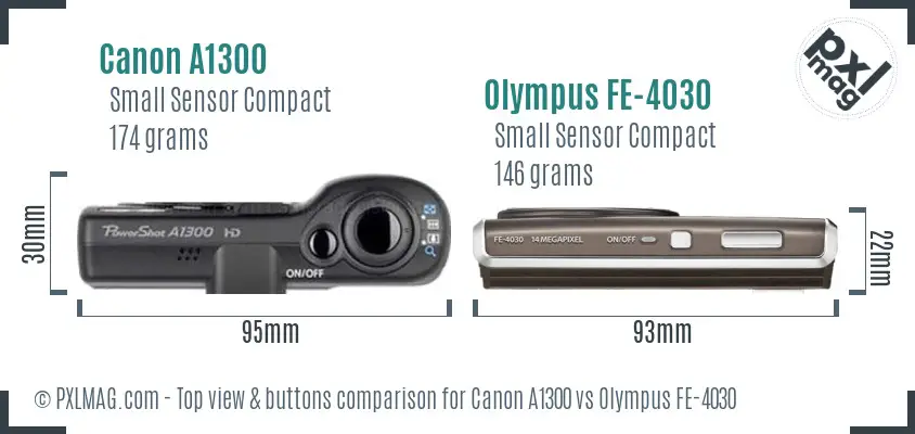 Canon A1300 vs Olympus FE-4030 top view buttons comparison