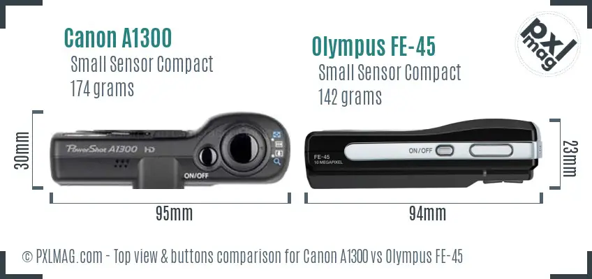 Canon A1300 vs Olympus FE-45 top view buttons comparison