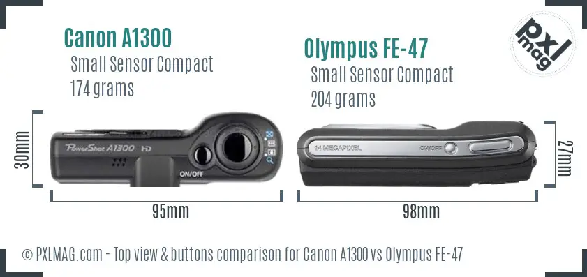 Canon A1300 vs Olympus FE-47 top view buttons comparison Canon A1300 vs Olympus FE-47 top view buttons comparison