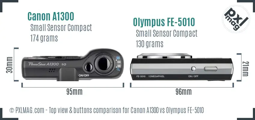 Canon A1300 vs Olympus FE-5010 top view buttons comparison Canon A1300 vs Olympus FE-5010 top view buttons comparison
