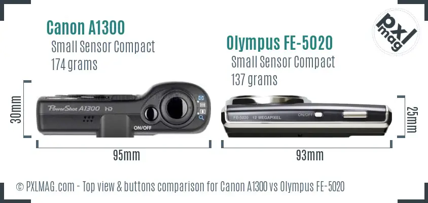 Canon A1300 vs Olympus FE-5020 top view buttons comparison