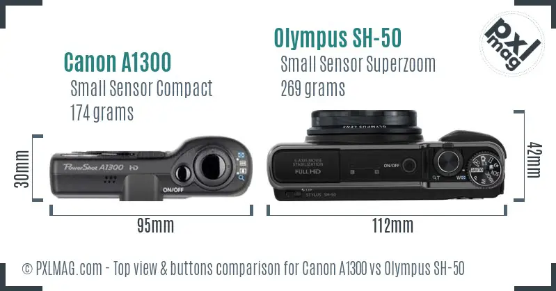 Canon A1300 vs Olympus SH-50 top view buttons comparison