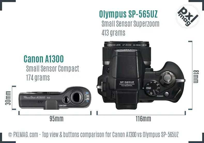 Canon A1300 vs Olympus SP-565UZ top view buttons comparison