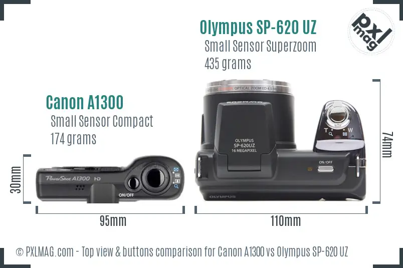 Canon A1300 vs Olympus SP-620 UZ top view buttons comparison