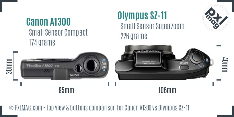 Canon A1300 vs Olympus SZ-11 top view buttons comparison