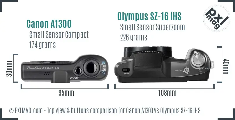 Canon A1300 vs Olympus SZ-16 iHS top view buttons comparison