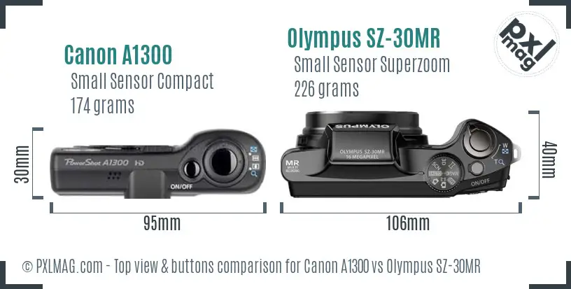 Canon A1300 vs Olympus SZ-30MR top view buttons comparison Canon A1300 vs Olympus SZ-30MR top view buttons comparison