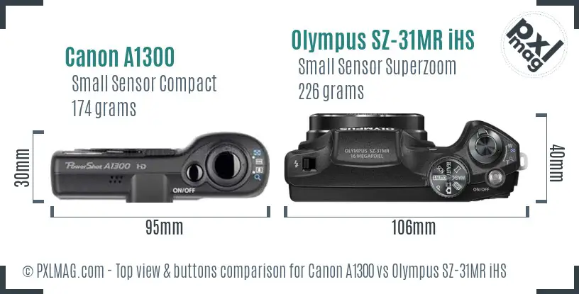 Canon A1300 vs Olympus SZ-31MR iHS top view buttons comparison