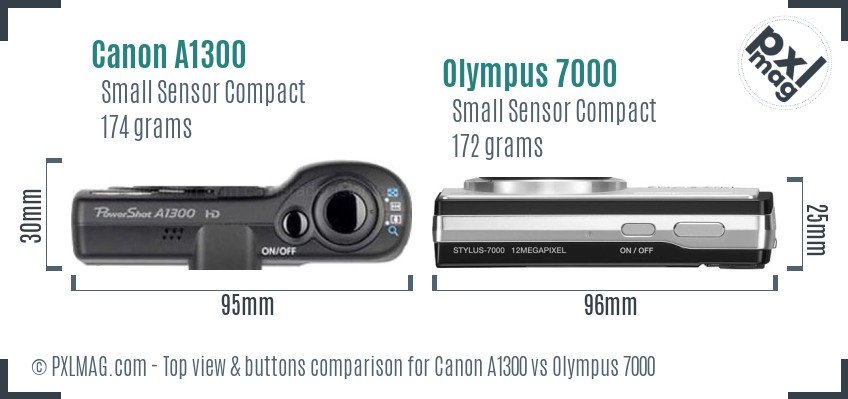 Canon A1300 vs Olympus 7000 top view buttons comparison