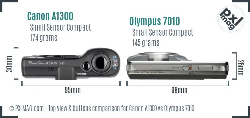 Canon A1300 vs Olympus 7010 top view buttons comparison