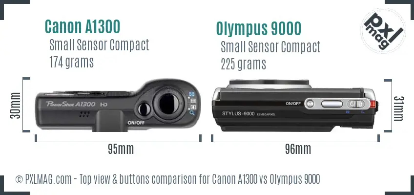 Canon A1300 vs Olympus 9000 top view buttons comparison