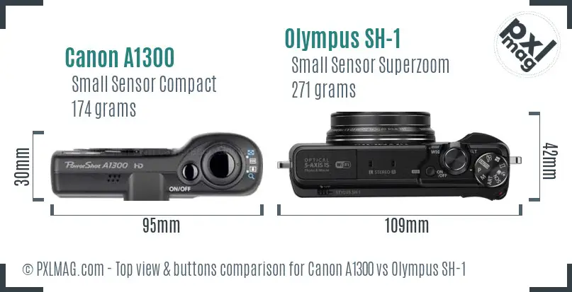 Canon A1300 vs Olympus SH-1 top view buttons comparison