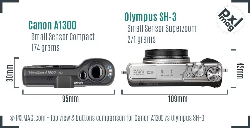 Canon A1300 vs Olympus SH-3 top view buttons comparison