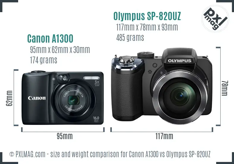 Canon A1300 vs Olympus SP-820UZ size comparison Canon A1300 vs Olympus SP-820UZ size comparison