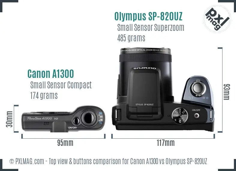 Canon A1300 vs Olympus SP-820UZ top view buttons comparison Canon A1300 vs Olympus SP-820UZ top view buttons comparison