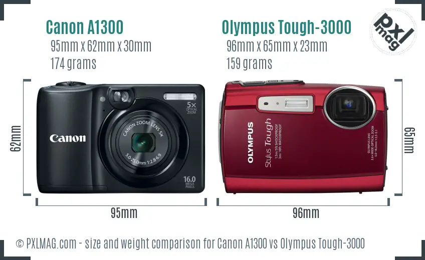 Canon A1300 vs Olympus Tough-3000 size comparison